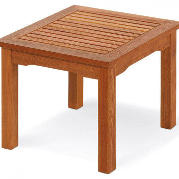 Tavolino in legno di acacia con superficie a listelli, design robusto e resistente, perfetto per ambienti esterni, dimensioni 50x50 cm.