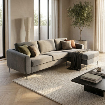 Divano con chaise longue in tessuto grigio, gambe metallo, 180x97x85 cm