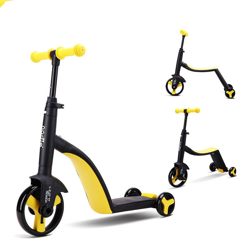 Scooter triciclo 3 in 1 giallo in diverse posizioni