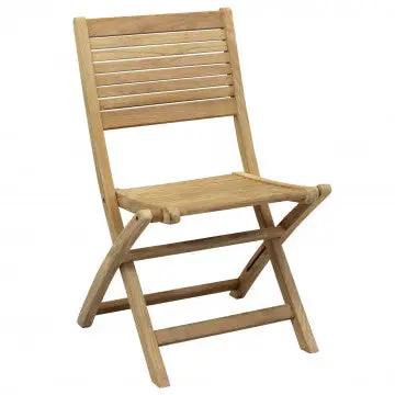 Sedia pieghevole Mirage in teak marrone con design a doghe, dimensioni 42x51x85 cm, vista angolata per esterni eleganti.