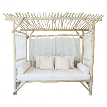 Gazebo letto in teak con cuscini, struttura poliestere, 250x180x204 cm