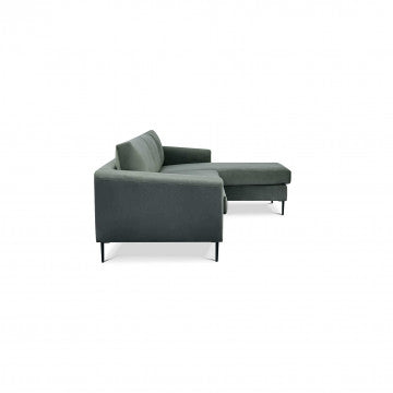 Divano con chaise longue in tessuto grigio, gambe metallo, 180x97x85 cm