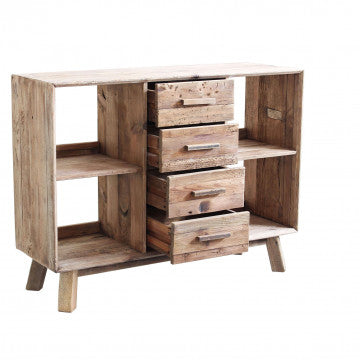 Credenza con 4 cassetti e 4 ripiani in legno di pino riciclato