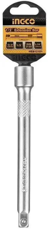 Barra di estensione INGCO 250mm 1/2 pollice in acciaio 40CR con finitura cromata, ideale per chiavi a cricchetto e utensili da lavoro.