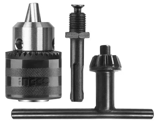 Mandrino 13 mm con chiave e adattatore SDS-Plus 1/2 Ingco, ideale per trapani con apertura da 1,5 a 13 mm. Include chiave a cremagliera e adattatore.