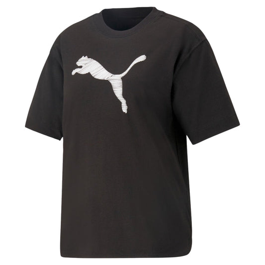 T-shirt nera in cotone con logo Puma bianco oversize, vestibilità regolare, ideale per look casual e sportivi, SKU: 4065453122156