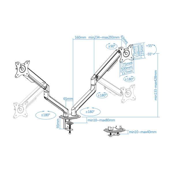Tooq Supporto Scrivania Pannello Girevole Inclinazione 2 Bracci 17-32" - Colore Bianco