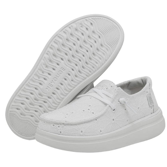 Scarpe slip-on bianche per bambini Hey Dude Wendy Youth Rise in tessuto leggero, suola flessibile e lacci elastici, ideali per ogni occasione