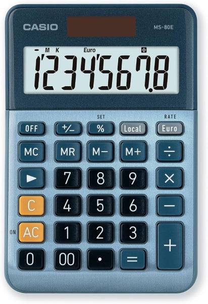 Casio MS80E Calcolatrice da Scrivania 8 Cifre - Tasto Doppio Zero - Simboli Comando Funzione - Calcolo Avanzato Percentuale - Alimentazione Solare e Batterie - Colore Blu