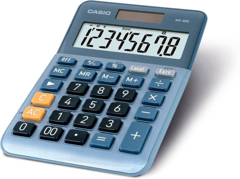 Casio MS80E Calcolatrice da Scrivania 8 Cifre - Tasto Doppio Zero - Simboli Comando Funzione - Calcolo Avanzato Percentuale - Alimentazione Solare e Batterie - Colore Blu