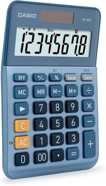 Casio MS80E Calcolatrice da Scrivania 8 Cifre - Tasto Doppio Zero - Simboli Comando Funzione - Calcolo Avanzato Percentuale - Alimentazione Solare e Batterie - Colore Blu
