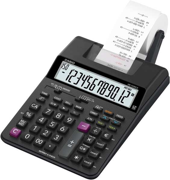 Casio HR150RCE Calcolatrice Stampante da Scrivania - Display 12 Cifre - Larghezza Carta 58mm - Stampa Ora e Data - Alimentazione a Batterie