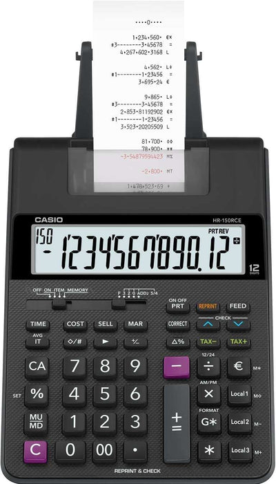 Casio HR150RCE Calcolatrice Stampante da Scrivania - Display 12 Cifre - Larghezza Carta 58mm - Stampa Ora e Data - Alimentazione a Batterie
