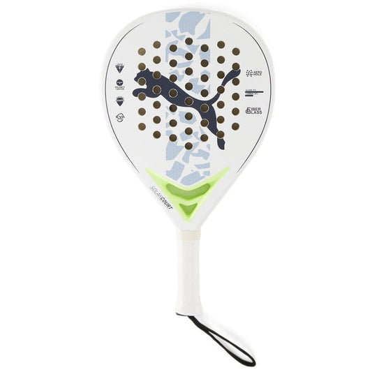 Racchetta padel donna SolarCourt con telaio in fibra di vetro, forma a goccia, dettagli in verde, superficie con fori di aerazione, impugnatura bianca