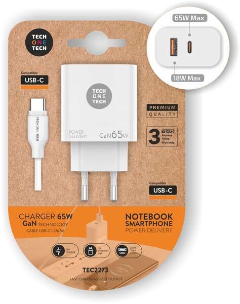 TechOneTech Caricatore da Parete GaN PD 3.0 65W - Per Notebook e Smartphone - Cavo USB-C a USB-C 1m