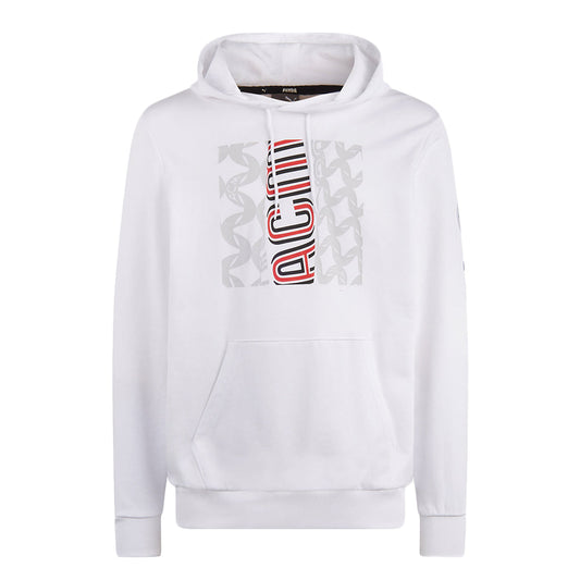 Felpa bianca con cappuccio Puma ACM Football Core Graphic, logo AC Milan, tasca frontale, morbido cotone, stile sportivo, SKU: 4099683571477
