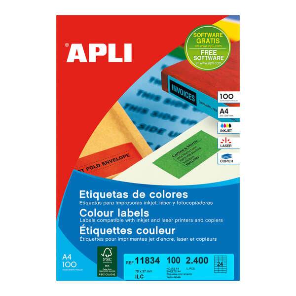 Apli Confezione di 2.400 Etichette Permanenti 70x37mm - 100 Fogli da 24 Etichette - Adesivo Permanente - Bordi Dritti - Colore Giallo