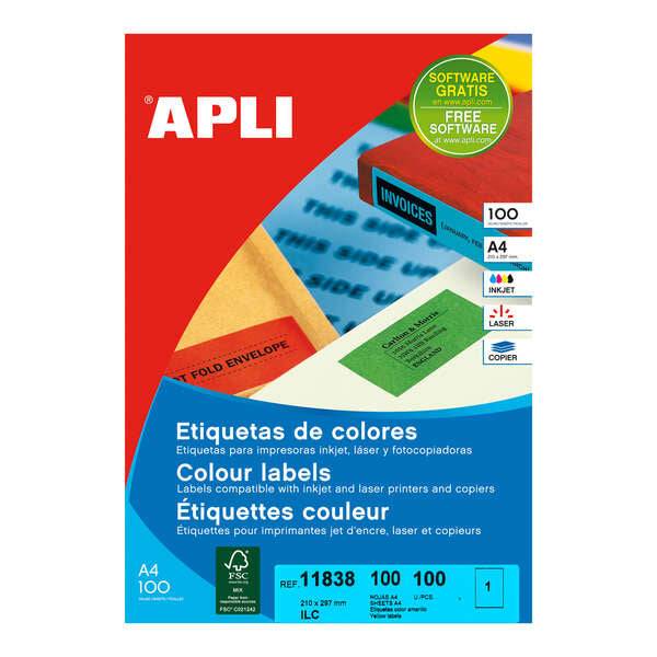 Apli Confezione 100 Etichette Gialle 210x297mm - Adesivo Permanente - Bordi Dritti - Colore Giallo