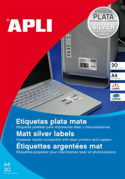 Apli Confezione da 20 Etichette 210x297mm - Adesivo Permanente - Angoli Dritti - Colore Argento