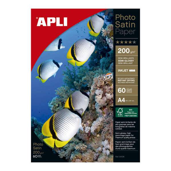 Apli Photosatin Confezione di 60 Fogli di Carta Fotografica A4 200gr - Finitura Semilucida - Adatta per Stampanti Inkjet