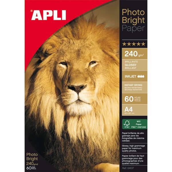 Apli Confezione di 60 Fogli di Carta Fotografica Photobright A4 240g/m² - Finitura Lucida