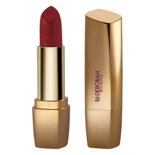 Rossetto Deborah MilanoRed 20 in confezione oro con tonalità rosso intenso, idratante e confortevole, ideale per labbra brillanti e morbide.