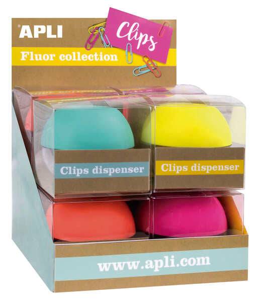 Apli Fluor Collection Espositore di Clip - Ø 70x60 mm - 8 Dispenser in 4 Colori - Coperchio Magnetico "Soft Touch" - Include 50 Clip