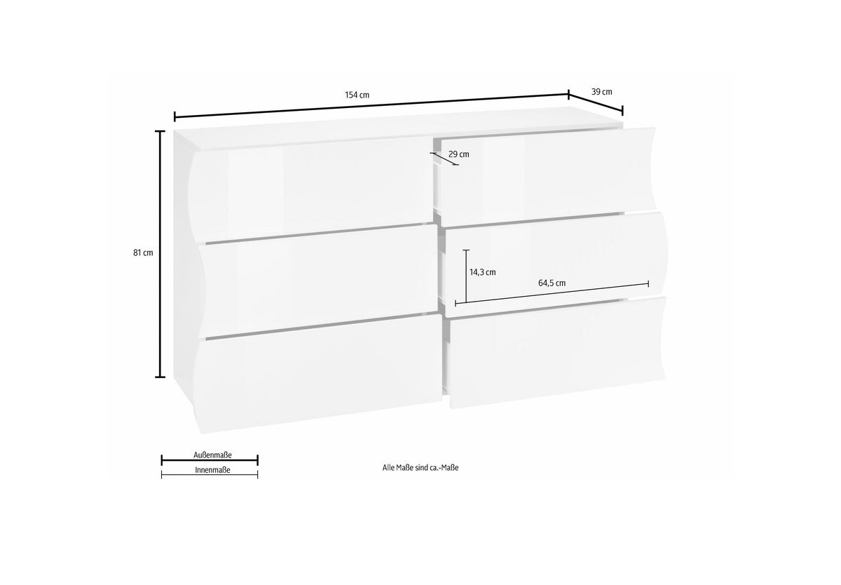 Cassettiera ONDA 6 cassetti 150 cm - dimensioni