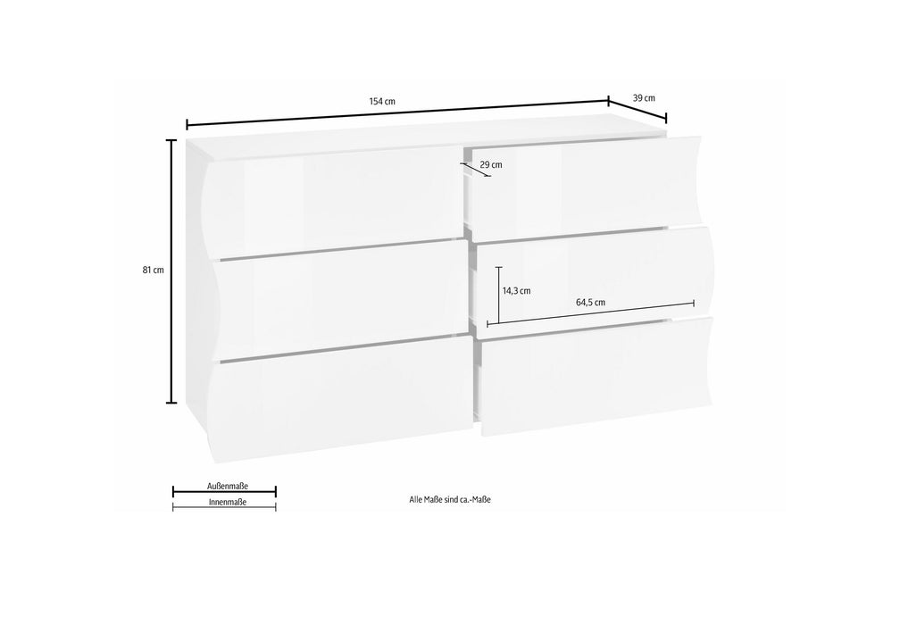 Cassettiera ONDA 6 cassetti 150 cm - dimensioni