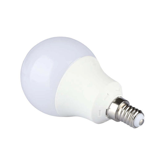 Vista inclinata della Lampadina LED E14 8.5W A60 3000K Samsung Luce Calda V-TAC, perfetta per lampade da tavolo e applique moderne.