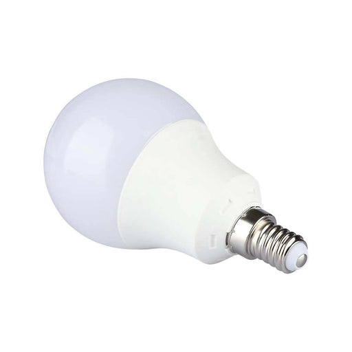 Vista inclinata della Lampadina LED E14 8.5W A60 3000K Samsung Luce Calda V-TAC, perfetta per lampade da tavolo e applique moderne.