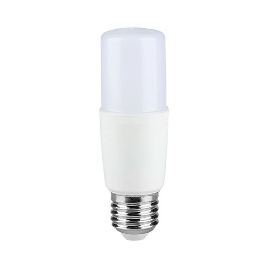 Lampadina LED E27 7.5W T37 3000K Chip Samsung con attacco standard e corpo in plastica bianca, ideale per illuminazione domestica a luce calda.