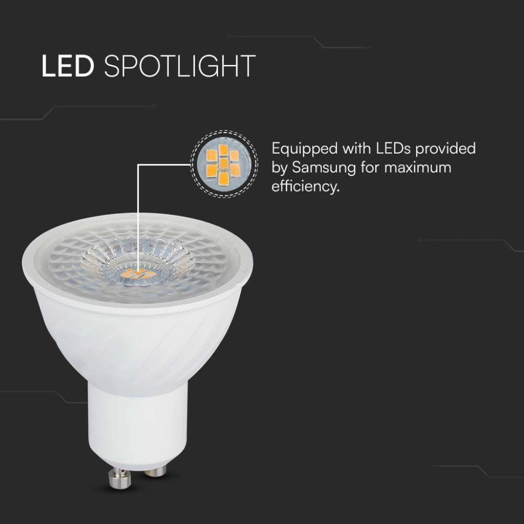 Dettaglio del faretto LED GU10 6W V-TAC con chip Samsung ad alta efficienza, ideale per illuminazione precisa e duratura.