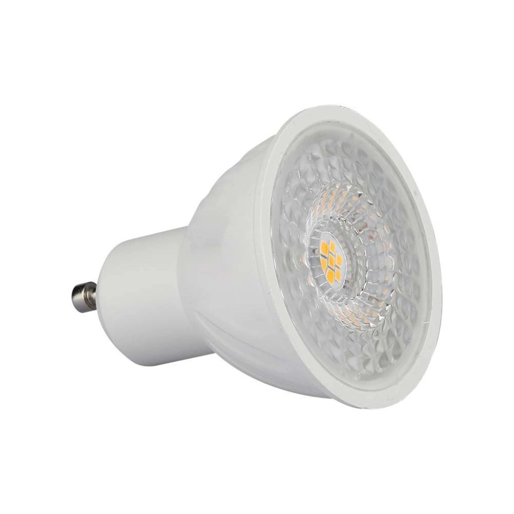 Vista laterale del faretto LED GU10 6W 4000K V-TAC con fascio luminoso a 38°, compatibile con portalampade standard GU10.