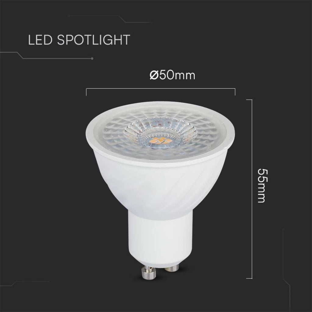 Dimensioni del faretto LED GU10 6W V-TAC: 50mm diametro e 55mm altezza, perfetto per installazioni compatte e discrete.