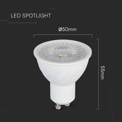 Dimensioni del faretto LED GU10 6W V-TAC: 50mm diametro e 55mm altezza, perfetto per installazioni compatte e discrete.
