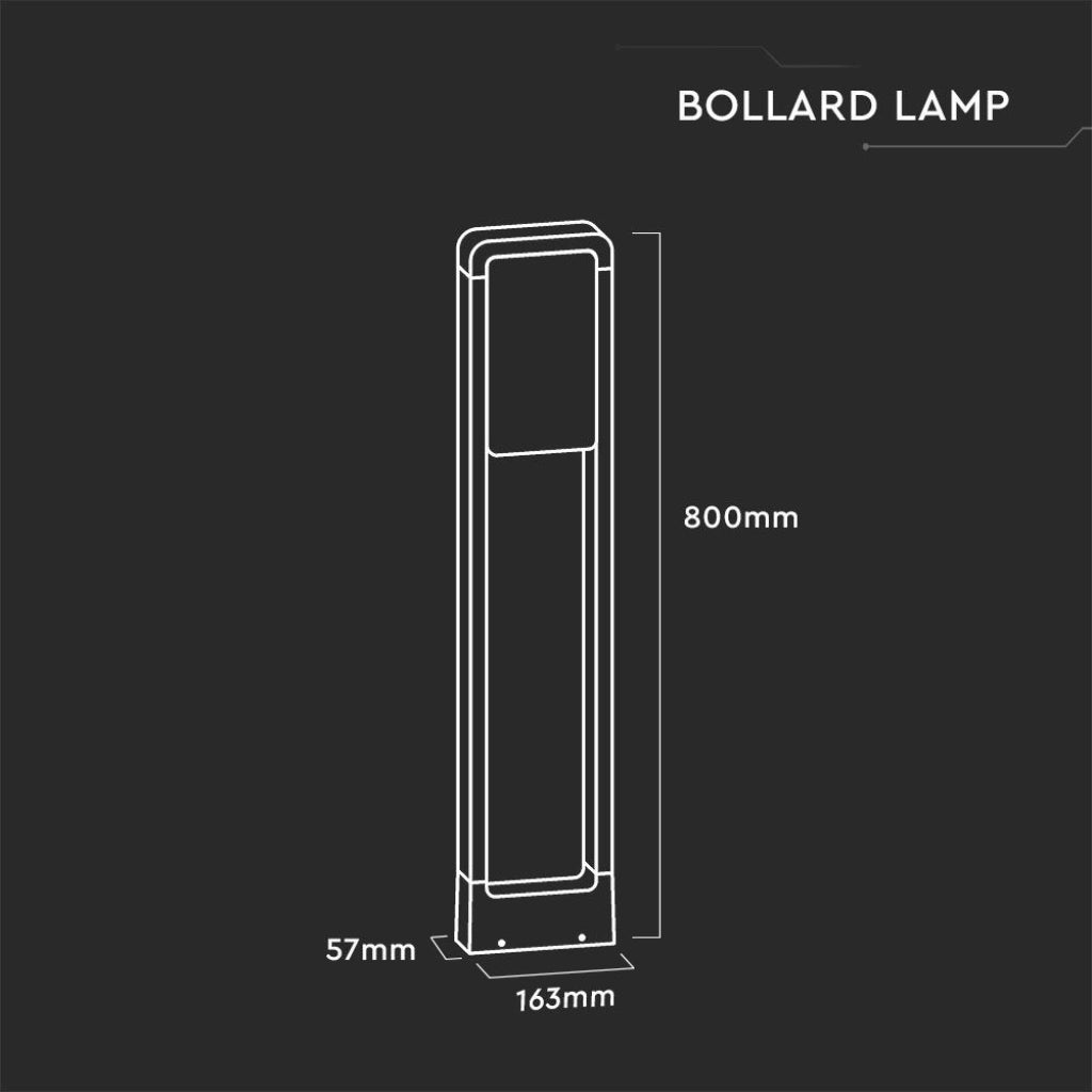 Illustrazione tecnica della lampada da terra Bollard in metallo nero con dimensioni 163x57x800mm, adatta per esterni e percorsi pedonali.