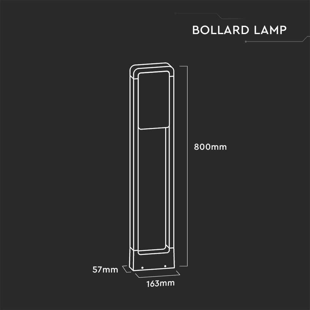 Schema tecnico del bollard lamp LED bianco, altezza 800mm, larghezza 163mm, profondità 57mm, ideale per illuminazione esterni