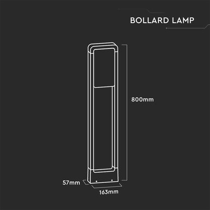Schema tecnico del bollard lamp LED bianco, altezza 800mm, larghezza 163mm, profondità 57mm, ideale per illuminazione esterni