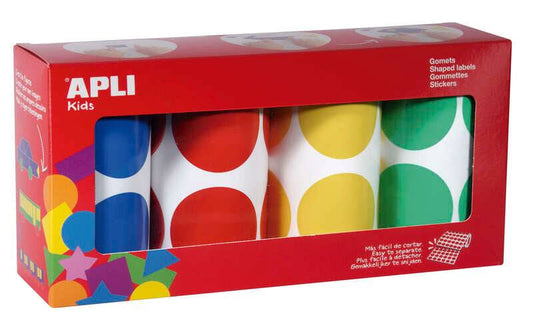 Apli Confezione da 4 Rotoli di Gomets Rotondi Ø 45mm - 354 Gomets per Rotolo - Adesivo Permanente - 1416 Gomets in Totale - Ideali per Scuole dell'Infanzia - Colori Blu, Rosso, Giallo e Verde