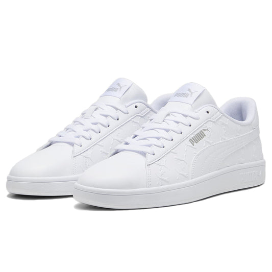 Scarpe sportive bianche Puma Smash 3.0 Superlogo in pelle con dettagli in rilievo, suola piatta e logo Puma dorato, ideali per uomo
