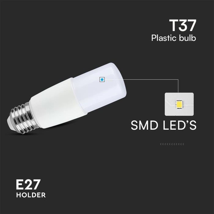 Dettaglio tecnico della lampadina LED E14 7.5W T37 con chip Samsung e tecnologia SMD LED, attacco E27 e corpo in plastica.