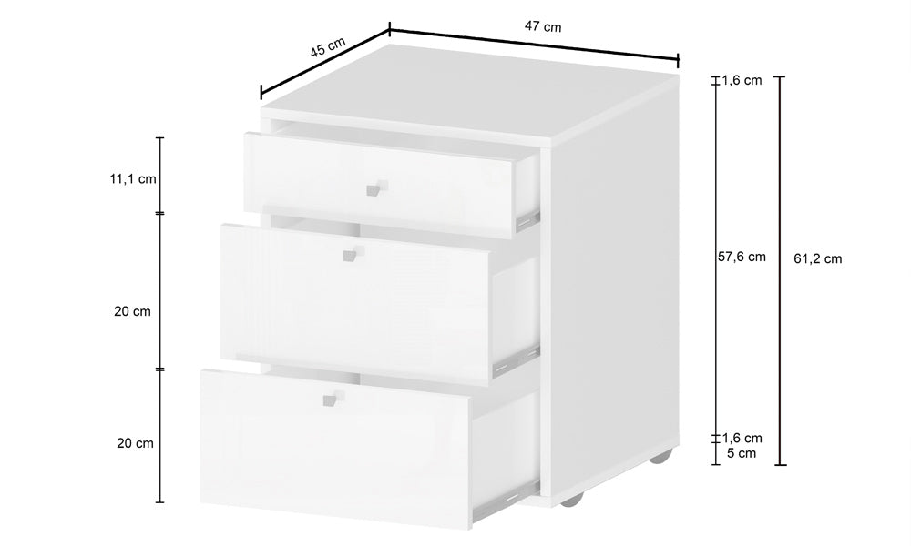 Cassettiera con Ruote DALIA – 47x45x61,2 cm, Bianco Lucido, 3 Cassetti