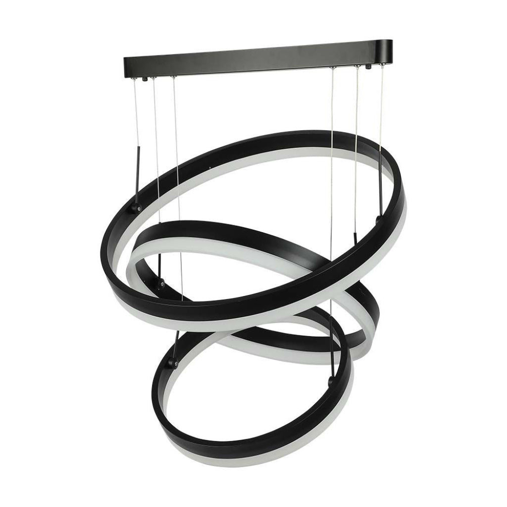 Struttura del lampadario LED a 3 cerchi regolabili in nero e bianco, con cavi sottili e supporto superiore, stile contemporaneo e sofisticato.