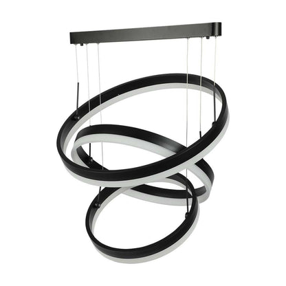 Struttura del lampadario LED a 3 cerchi regolabili in nero e bianco, con cavi sottili e supporto superiore, stile contemporaneo e sofisticato.