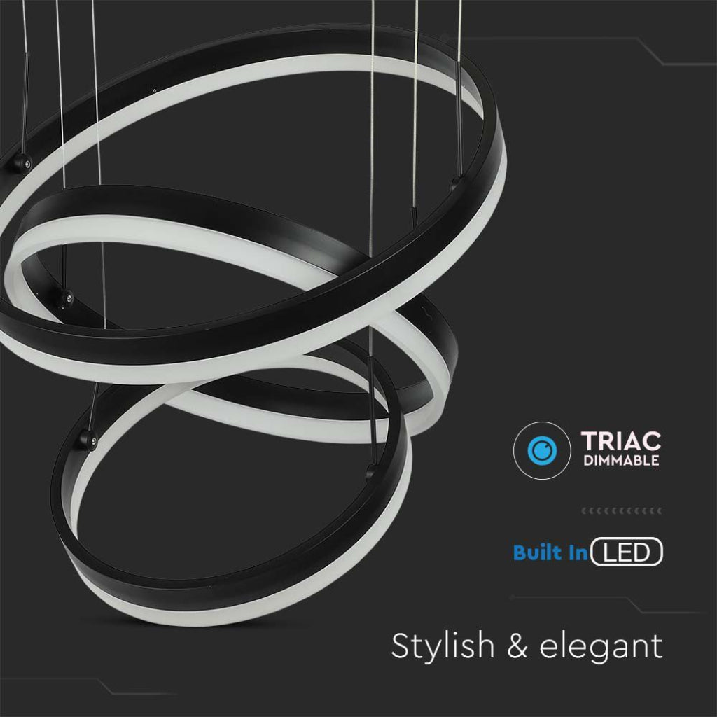 Lampadario LED sospensione a 3 cerchi neri e bianchi, design moderno e elegante, ideale per ambienti living, con tecnologia dimmer integrata.