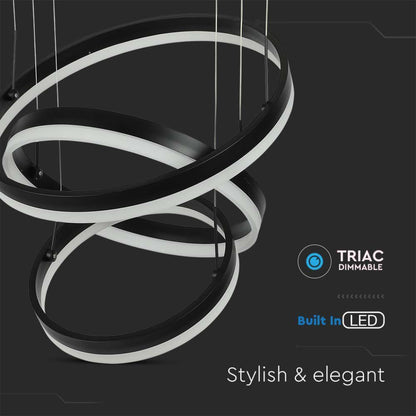 Lampadario LED sospensione a 3 cerchi neri e bianchi, design moderno e elegante, ideale per ambienti living, con tecnologia dimmer integrata.