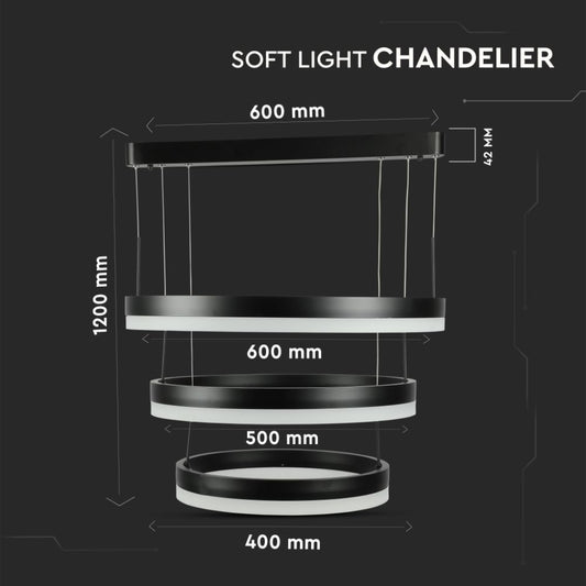 Diagramma tecnico del lampadario LED regolabile a tre cerchi, dimensioni e dettagli di installazione, SKU: 213990