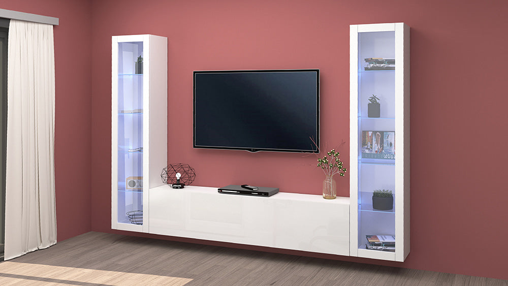 Soggiorno MARUSKA Parete Attrezzata 260 cm, Vetrine in Vetro e Porta TV Bianco Lucido
