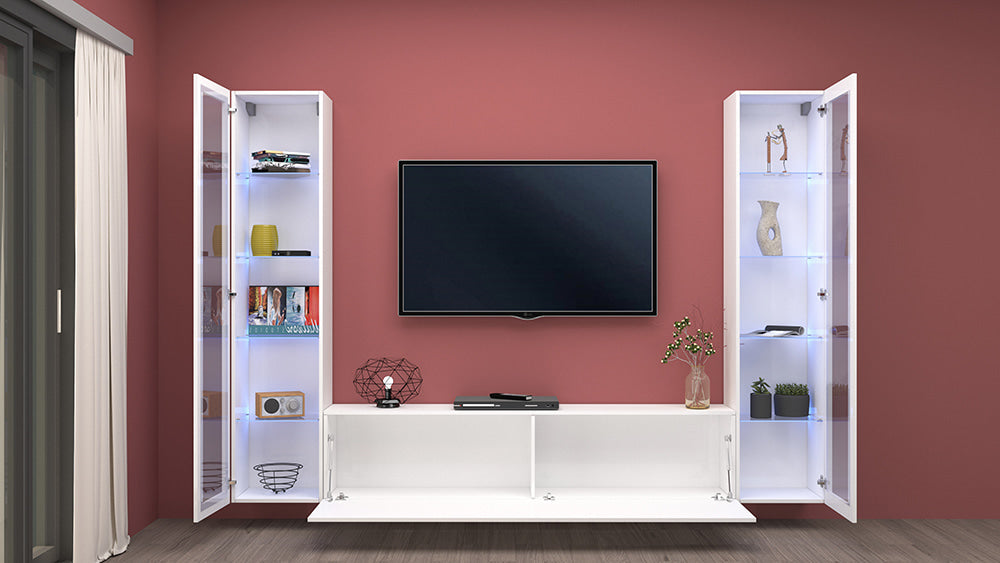 Soggiorno MARUSKA Parete Attrezzata 260 cm, Vetrine in Vetro e Porta TV Bianco Lucido